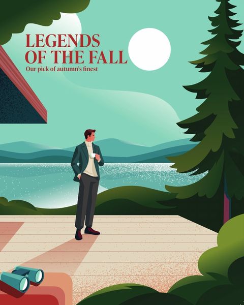Illustration from the cover of SPHERE, Autumn 2026: a man on a lakeside terrace among pine trees