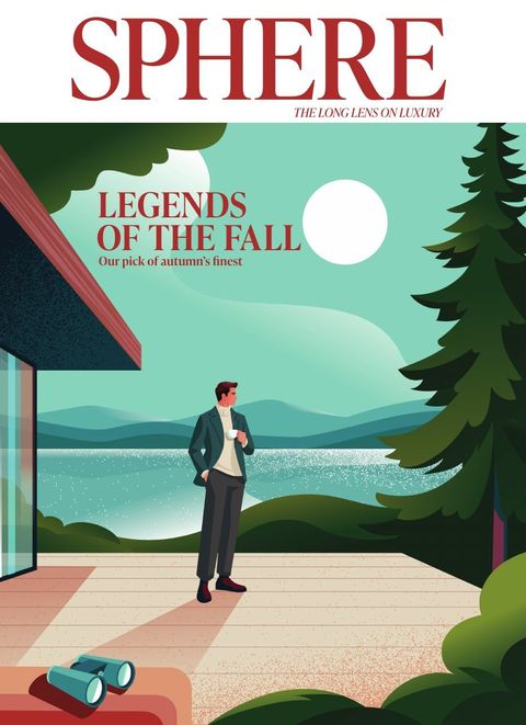 Cover of SPHERE, ILN's luxury quarterly: an illustration of a man on a lakeside terrace, 'Legends of the Fall'