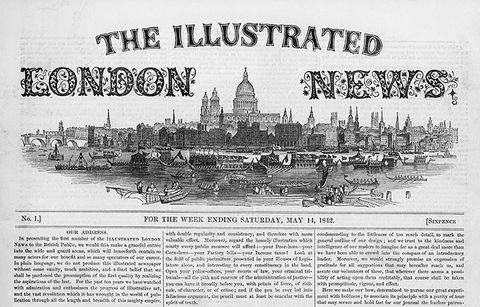 The first issue of The Illustrated London News, Saturday 14 May 1842, the world's first illustrated magazine, with its engraved masthead over a view of St Paul's and the Thames
